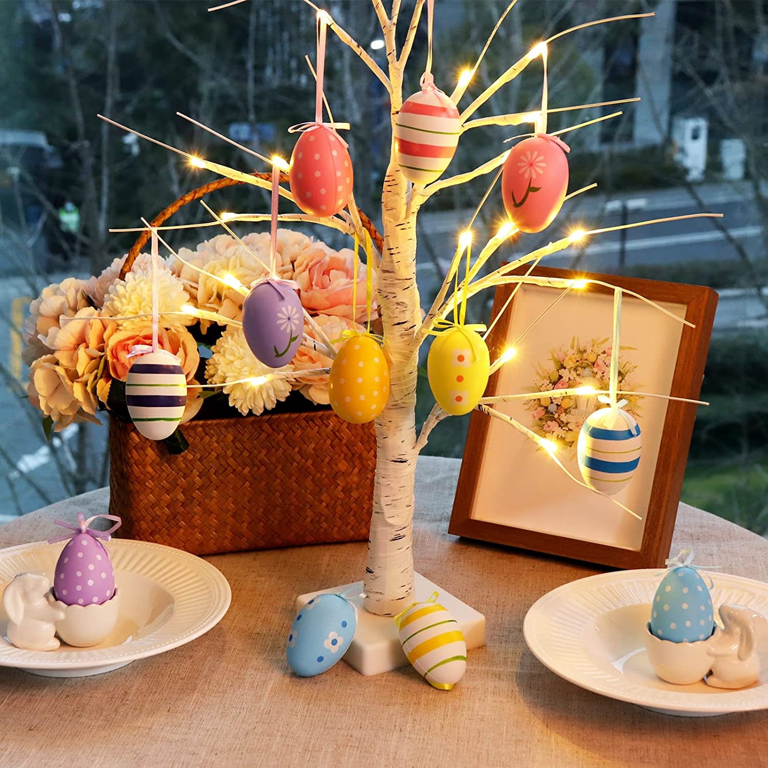 24" Easter Lighted Birch Tree With 12pcs Egg Ornaments, Easter Day