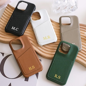 Custodia per telefono in pelle martellata con scomparto porta carte, monogramma personalizzato con iniziale in rilievo per iPhone 15, 14, 13, 12, 11, Plus, Pro, Pro Max, regali personalizzati
