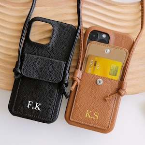 Pebble Leather Phone Case with Strap, Custom Initials iPhone 16 iPhone 15, 14, 13, 12, 11, Plus, Pro, Pro Max Cases, Phone Case with Wallet