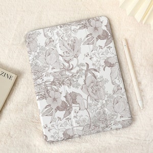 Vintage Hand Paint Flower iPad Case with Pencil HolderiPad Air 5 Case Air 3 4 CaseiPad Pro 12.9, Pro 11, 10.9, 10.5, 10.2, iPad 2022/2021 image 1