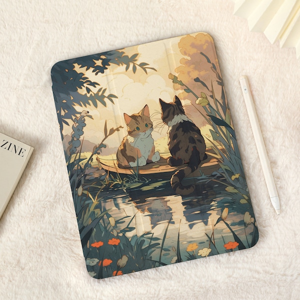 Cute Cat On Board iPad Case with Pencil Holder，iPad Air 5 Case Air 3 4 Case，iPad Pro 12.9, Pro 11, 10.9, 10.5, 10.2, iPad 2022/2021