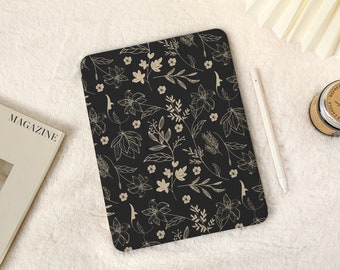 Black Pressed Flowers iPad Case with Pencil Holder，iPad Air 5 Case Air 3 4 Case，iPad Pro 12.9, Pro 11, 10.9, 10.5, 10.2, iPad 2022/2021