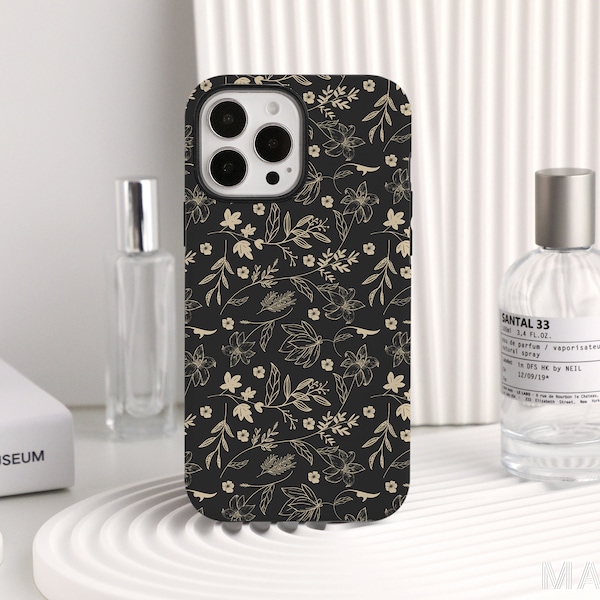 Étui de téléphone personnalisé à fleurs pressées noires pour iPhone 14 12 13 Pro Max XR 11 Pro Max Tough Snap Cover SE iPhone Case, cadeau de Noël