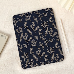 Dark Blue Pressed Flowers iPad Case with Pencil Holder，iPad Air 5 Case Air 3 4 Case，iPad Pro 12.9, Pro 11, 10.9, 10.5, 10.2, iPad 2022/2021