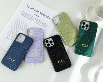 Personalized Croc Leather IPhone Case With Card Holder, Custom iPhone Case with Initials, iPhone 15,14,13,12,11,Plus,Pro,Pro Max Case