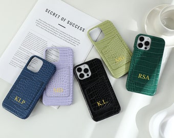 Personalized Imitation Crocodile Texture Leather IPhone Case With Card Holder, Custom iPhone 15,14,13,12,11 Pro Max Case with Initials