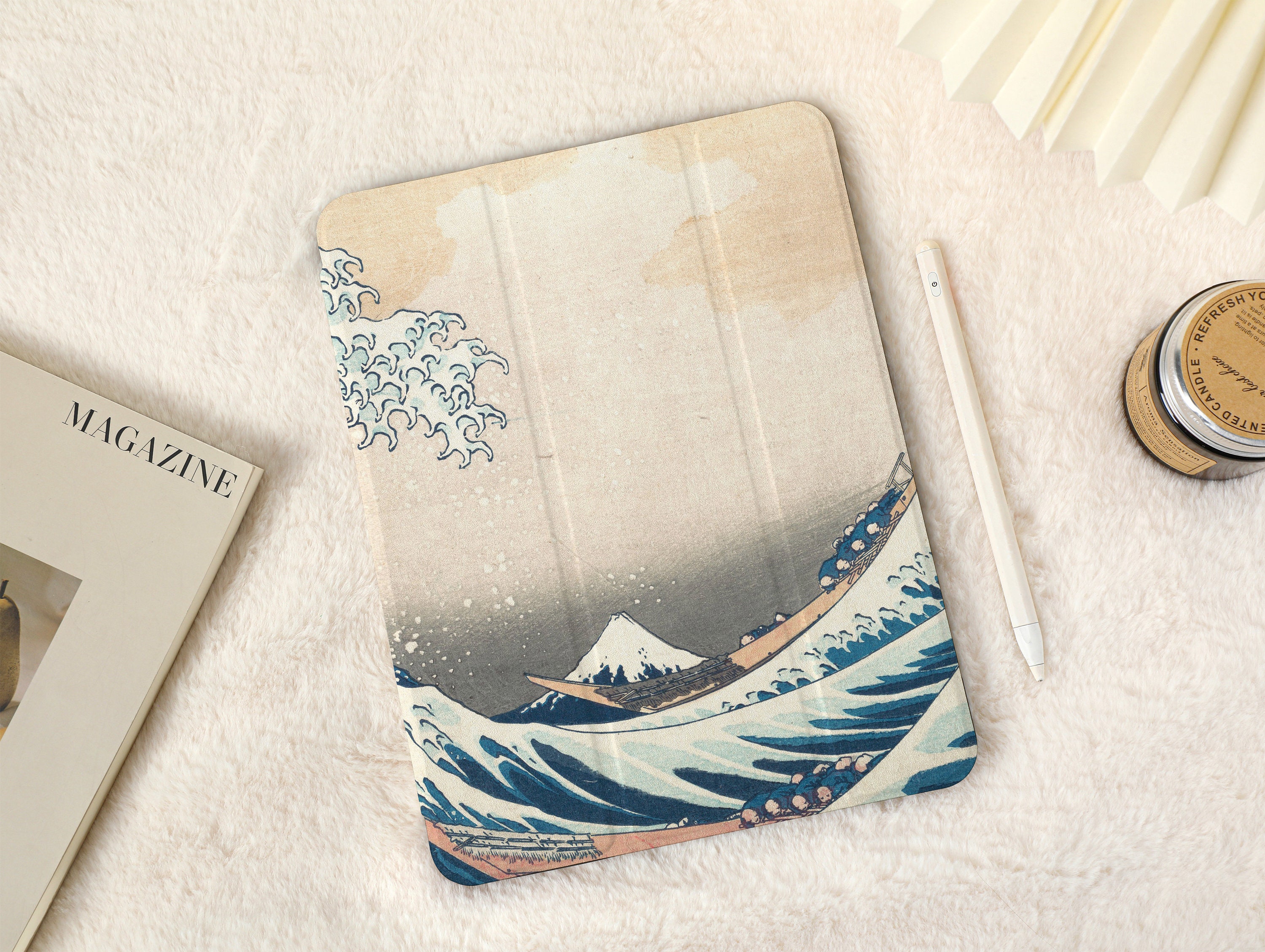 Kanagawa Surfing iPad Case with Pencil Holder，iPad Air 5 Case Air 3 4 Case，iPad Pro 12.9, Pro 11, 10.9, 10.5, 10.2, iPad 2022/2021
