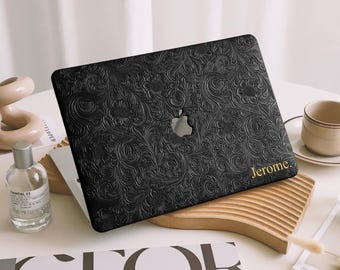 Black Flower Print Leather Hard Case for MacBook 2022 Air A2681 Macbook Pro A2338 13 14 15 16 inch Laptop M2 2023 14 16 A2779 A2780