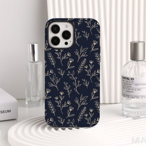 Coque de téléphone personnalisée à fleurs pressées bleu foncé pour iPhone 14, 12, 13 Pro Max, XR, 11 Pro Max, coque à pression robuste, étui pour iPhone SE, cadeau de Noël