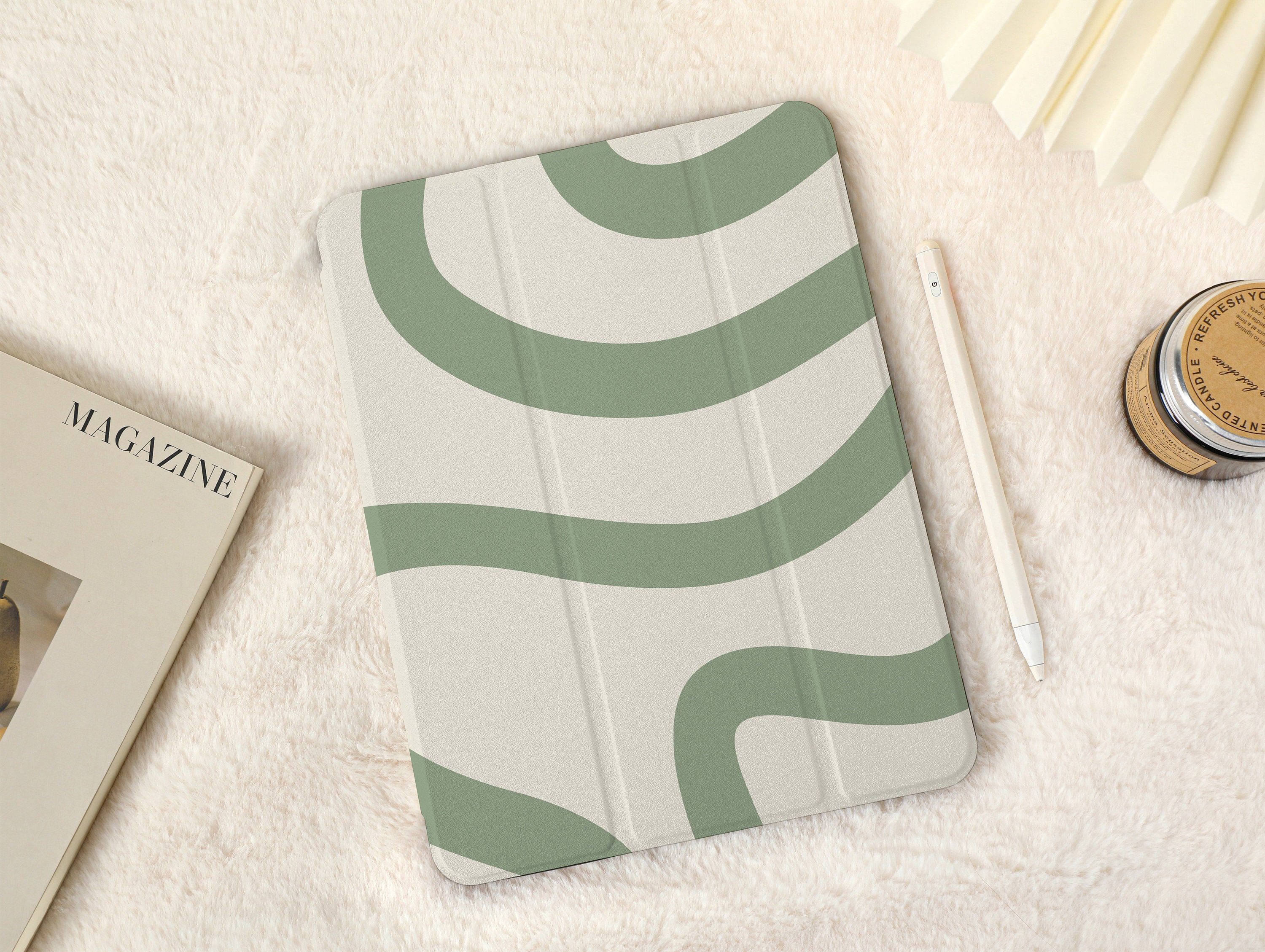 Gray-Green Curve iPad Case with Pencil Holder，iPad Air 5 Case Air 3 4 Case，iPad Pro 12.9, Pro 11, 10.9, 10.5, 10.2, iPad 2022/2021