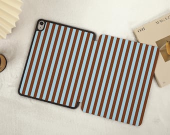 Blue Brown Stripes iPad Case with Pencil Holder，iPad Air 5 Case Air 3 4 Case，iPad Pro 12.9, Pro 11, 10.9, 10.5, 10.2, iPad 2022/2021