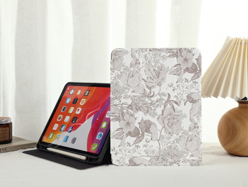 Vintage Hand Paint Flower iPad Case with Pencil HolderiPad Air 5 Case Air 3 4 CaseiPad Pro 12.9, Pro 11, 10.9, 10.5, 10.2, iPad 2022/2021 image 4