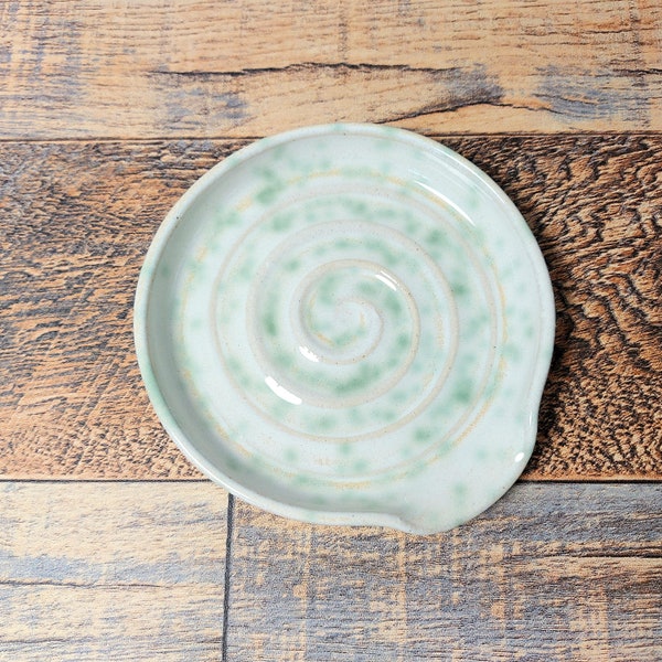 Handmade Stoneware spoon rest in Moss Mist glaze - functional ceramics for your home.