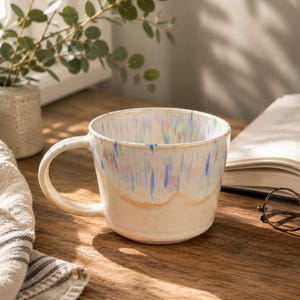 Peut inclure: Une tasse à café en céramique avec une base crème et un dessus tacheté et coloré. La tasse a une grande anse et est posée sur une surface en bois. Le design de la tasse comprend des accents bleus, roses et jaunes.