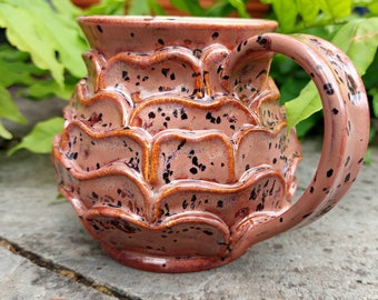 Hand Scuplted petal mug in Peppered Plum glaze