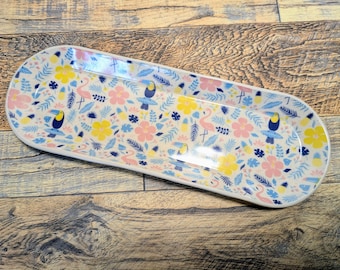 Handmade Ceramic Serving Tray: Tropical Print Stoneware, High Gloss Glaze