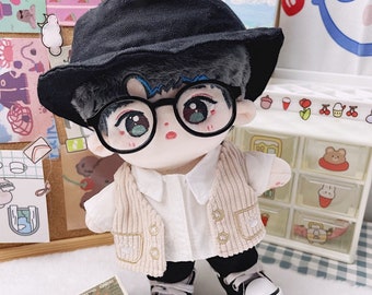 20cm idol plush doll clothes suit with black hat, Gentleman style Bear vest suit, cool plush doll clothes set, cute Korean style cotton doll