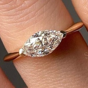 East West Marquise Cut Lab Grown Diamond Solitaire Engagement Ring/14K Yellow Gold Unique Wedding Anniversary Gift For Her/Proposal Ring