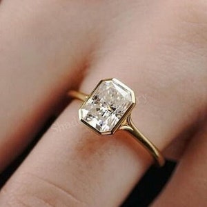 IGI Certified Emerald Cut Lab Grown Diamond Bezel Set Engagement Ring, 2.00 Ct 14K Gold Solitaire Ring, Lab Created Diamond Wedding Ring