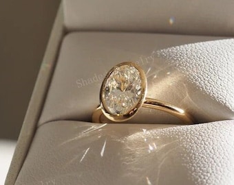 2.00 Ct Oval Cut Lab Created Diamond Bezel Set Engagement Ring, 14K Gold Ring, Lab Grown CVD Diamond Wedding Anniversary Gift Ring