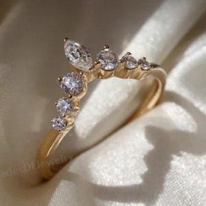 Marquise Cut Lab Grown CVD Diamond V Shape Band Engagement Ring-18K Yellow Gold Wedding Ring-Proposal Band For Her-Curved Matching Band