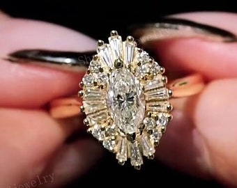 Starburst 0.80 Ct Marquise Cut Lab Grown Engagement Ring, 14K White Gold Ring, Cluster Wedding Ring, Ballerina Celestial Ring, Art Deco Ring