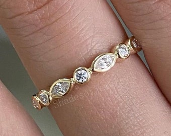 Wedding Band Marquise And Round Cut Lab Created Diamond Band, Unique Wedding Band, 14K Gold Band Stackable Band, Matching Band, Gift For Her