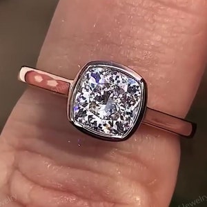 Bezel Set 1.50 Ct Cushion Cut Lab Grown Diamond Solitaire Engagement Ring, 14K Yellow Gold Solitaire Ring, Cushion Lab Created Diamond Ring