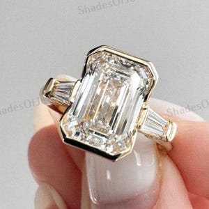 3.50 CT Emerald Cut Lab Grown Diamond Three Stone Half Bezel Set Engagement Ring-14K Solid Gold Diamond Bridal Ring-Wedding Anniversary Gift
