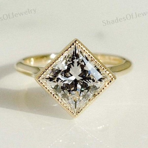 2.00 CT Certified Princess Cut Lab Created Diamond Solitaire Ring, 18K Gold Bezel Set Engagement Ring, Lab Grown CVD Diamond, Proposal Ring.