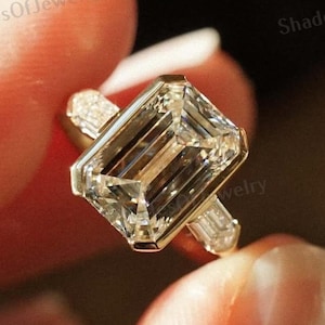 Emerald Cut Lab Grown Diamond Three Stone Engagement Ring-Half Bezel Set 14K Gold CVD Diamond Wedding Ring For Bridal-Proposal Ring For Her