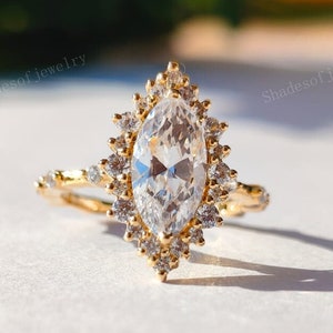 Art Deco 1.50 CT Marquise Cut Lab Created Diamond Starburst Halo Ring, 14K Solid Gold Essence Engagement Ring, Proposal Ring For Her