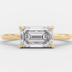 1.50 CT Emerald Cut Lab Grown Diamond Solitaire Engagement Ring, East West Set 14k Solid Yellow Gold Wedding Ring, Lab Created Diamond Ring