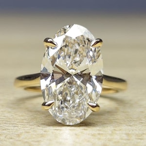 Elongated Oval Cut Lab Grown Diamond Hidden Halo Engagement Ring-4.0 Ct Oval Diamond Solitaire Ring-14K Yellow Gold Anniversary Gift For Her