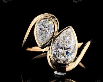 IGI Certified Pear Cut Lab Grown CVD Diamond 14K Solid Gold Bezel Set Toi Et Moi Engagement Ring For Women-Wedding Bridal Ring-Promise Ring