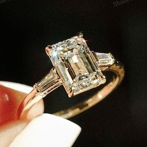 2.5 Ct Emerald Cut Three Stone Engagement Ring, 14K Solid Gold Lab Grown Diamond Ring, IGI Certified Diamond Ring, CVD Emerald  Ring For Her