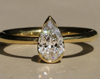 1.5 Carat IGI Certified Pear Shape Excellent Cut Lab Grown Diamond Solitaire Engagement Ring, Bezel Set 14k White Gold Wedding Ring For Her