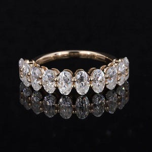 Oval Diamond Half Eternity Band, Lab Grown CVD Diamond Band, 14K Yellow Gold Stackable Diamond Band, Prong Set Diamond Band, Proposal Band.