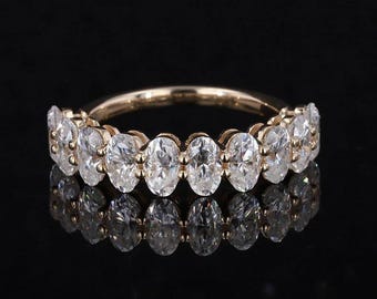 Oval Diamond Half Eternity Band, Lab Grown CVD Diamond Band, 14K Yellow Gold Stackable Diamond Band, Prong Set Diamond Band, Proposal Band.