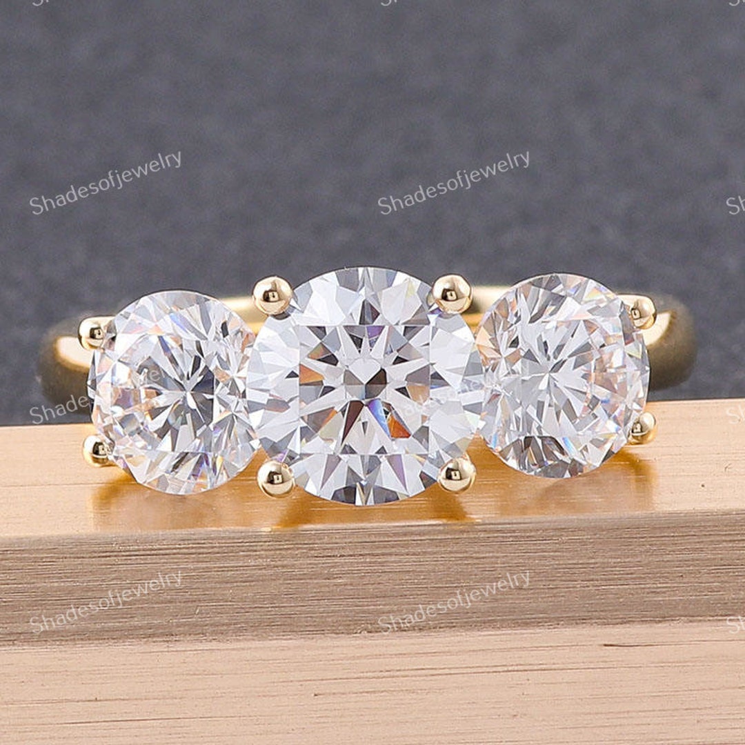 2 CT Round Lab Grown Diamond Three Stone 18K Gold Engagement Ring - Etsy