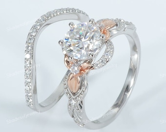 2.00 CT Round Lab Grown Diamond Engagement Ring, 14K Two-Tone Gold Art Deco Bridal Set