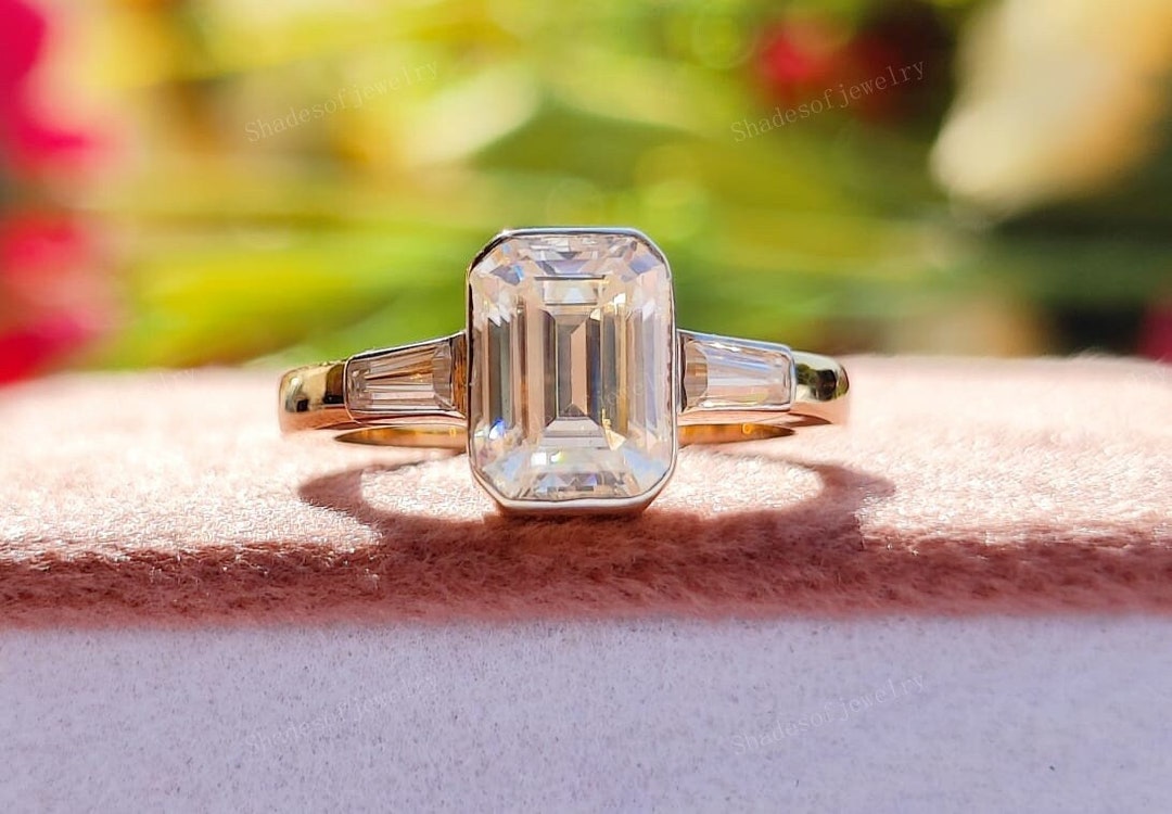 Emerald Cut Lab Grown Diamond Bezel Set 14K White Gold Engagement Ring ...