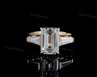 2.00 CT Emerald Cut Lab Grown Diamond Three Stone 14K Yellow Gold Engagement Ring