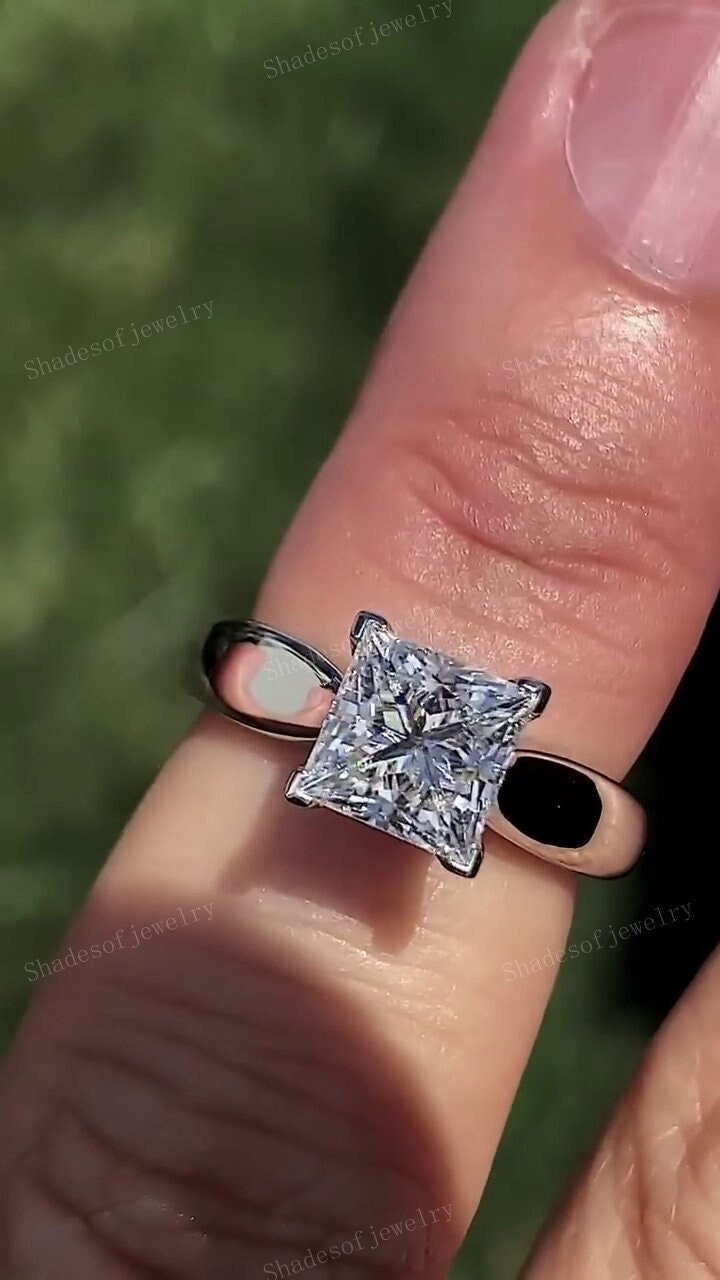 Bague de fiançailles solitaire avec diamants cultivés en laboratoire de 1,50 ct taille princesse, bague 4 griffes en or blanc 14 carats, diamants créés en laboratoire, bague solitaire pour elle