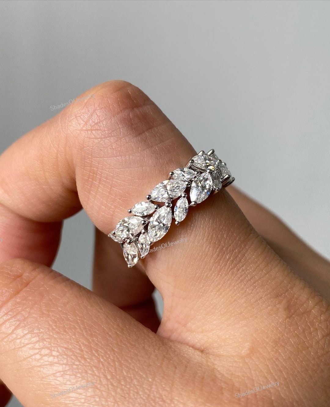 Marquise Cut Lab Grown CVD Diamond 14K White Gold Fancy Unique Half Eternity Wedding Band For Women-Engagement Band-Band For Bridal