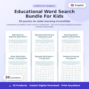 Educational Word Search Bundle for Kids | 20 Printable Puzzles | Sight Words, Science, Math & Vocabulary Activities
