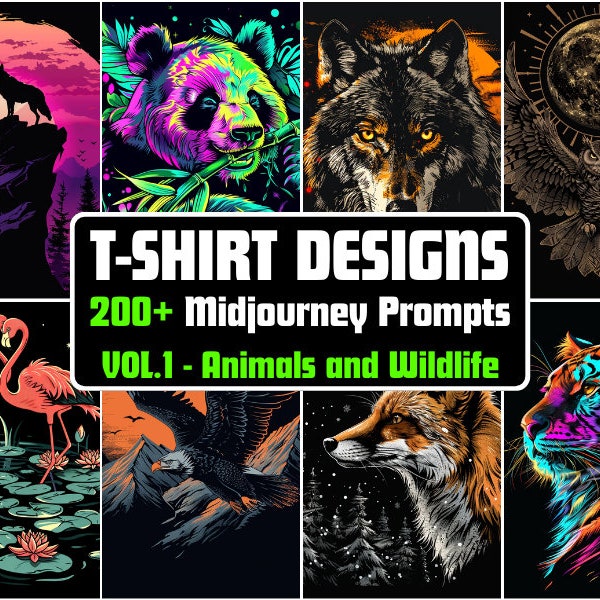 200 T-shirt Designs, Mug Design, Midjourney Prompts, Midjourney AI Art, Midjourney Guide, DALL-E Prompt, Digital Art, Animals Wildlife