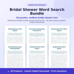Può includere: Un pacchetto stampabile di cruciverba per addio al nubilato con 20 giochi, inclusi titoli come Wedding Basics, Honeymoon Destinations, Bachelorette Party, Something Borrowed, Something Blue, Wedding Flowers e Naughty Bride su carta bianca.
