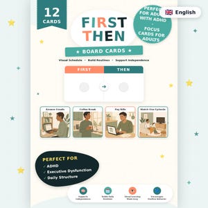 Può includere: Un set di 12 schede First Then per la pianificazione visiva degli adulti. Il design presenta uno sfondo bianco con stelle gialle, un grafico centrale First Then e quattro schede illustrate che mostrano attività quotidiane come le email.