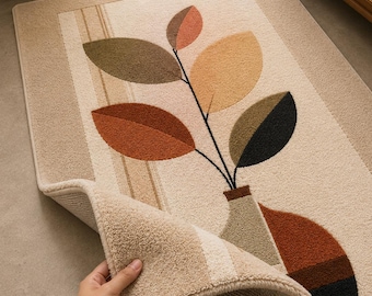 Abstrakter Botanischer Teppich Beige, Handgefertigter Wollteppich für Wohnzimmer, Raumteppich